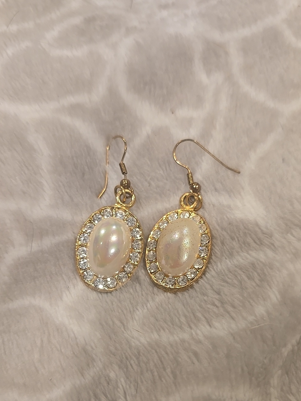 Vintage Gold Tone Pearl Oval Drop Earrings with Crystal Halo